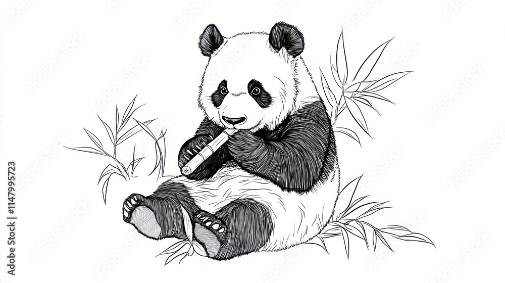 Panda Playing a Bamboo Flute Amongst Bamboo Plants Panda Playing a Bamboo Flute Amongst Bamboo Plants