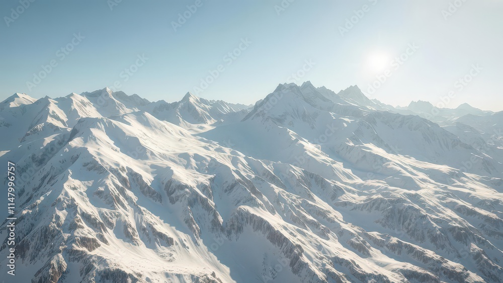 Fototapeta premium Majestic snow-capped peaks reflecting sunlight on a clear sky, white, majestic