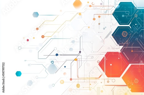Colorful Geometric Network Design Featuring Hexagons and Interconnected Lines in a Modern Digital Style