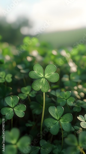 A vibrant close-up of a lush green clover field with a standout four-leaf clover, symbolizing luck and prosperity in nature's serene setting. photo