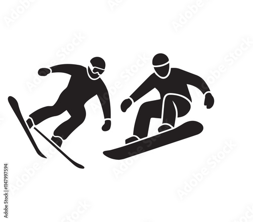 Winter Sports Young Man Skiing in the Snowboarding and Skiing Jump Style, Snow Adventure and Mountain Skiing Action Vector Art, Winter Alpine Skiing Sport