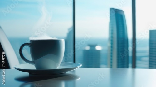 Ceramic Mug With Drink On Desk In Office Large Panoramic Window Office Morning Cybernetics Style Text Space