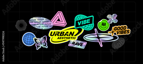 Y2K holographic stickers pack of trendy  style and text quote label collection (part 1). Aesthetic of retro futurism 2000s stickers. Iridescent metallic texture tags. Editable vector