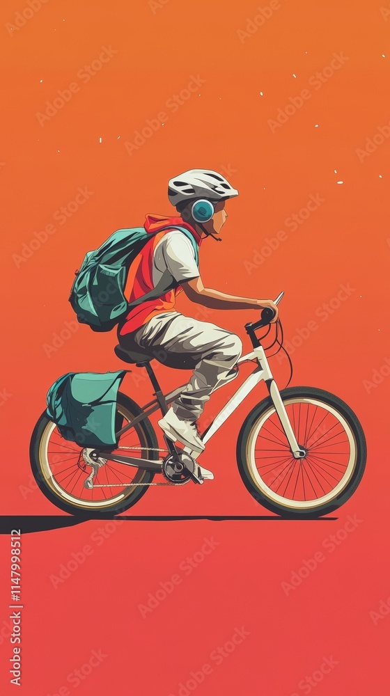 Obraz premium Young Person Rides Bicycle With Backpack And Helmet