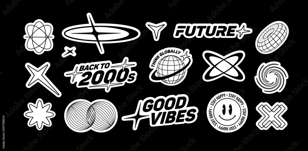 Y2K rave stickers pack of text quotes label collection (part 2). Aesthetic of retro futurism 2000s stickers with text. Black and white cyber punk style elements