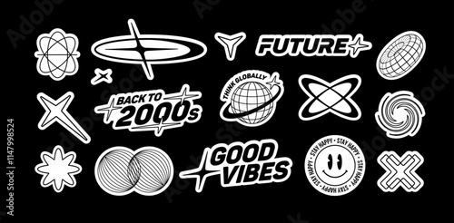 Y2K rave stickers pack of text quotes label collection (part 2). Aesthetic of retro futurism 2000s stickers with text. Black and white cyber punk style elements