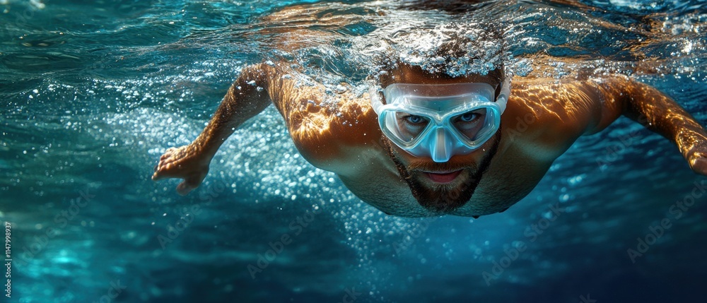 Fototapeta premium Underwater man snorkeling in ocean.