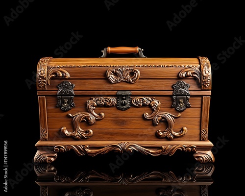 Classic wooden trunk with ornate leather handles, isolated on a black background, showcasing elegant design in high detail. photo