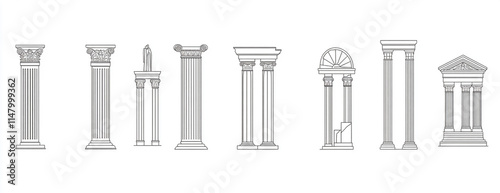 Set of different antique columns, thin line art vector illustration with white background