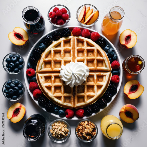 Gourmet Waffles Served with Whipped Cream and Seasonal Fruits.