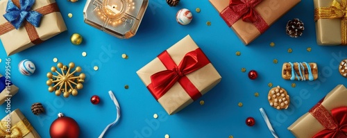 Festive Hanukkah vertical scene featuring wrapped gifts, dreidels, a menorah, and traditional treats on a blue background photo