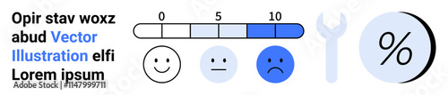 Customer satisfaction meter ranging from 0 to 10, happy faces happy, neutral, sad , tool icon, percentage sign. Ideal for surveys, feedback, UI design, data presentation, customer service, quality