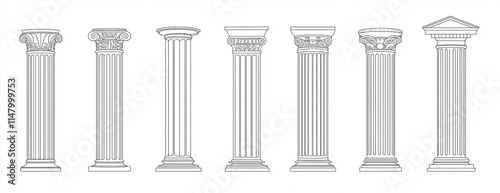 Set of different antique columns, thin line art vector illustration with white background