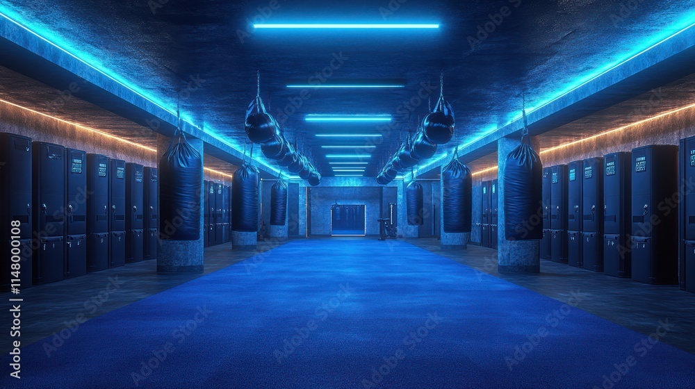 Neon-lit boxing gym hallway with punching bags and lockers. (1)