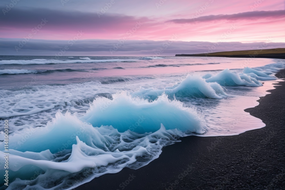 Fototapeta premium waves crashing on the beach at sunset with a pink sky