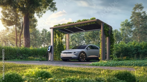 A solar-powered electric car charging station surrounded by greenery, symbolizing innovation and sustainability.