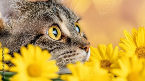 A cat with yellow eyes looking at a bunch of yellow flowers photo