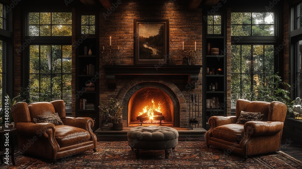Fototapeta premium Cozy brick room, fireplace burning, leather chairs.