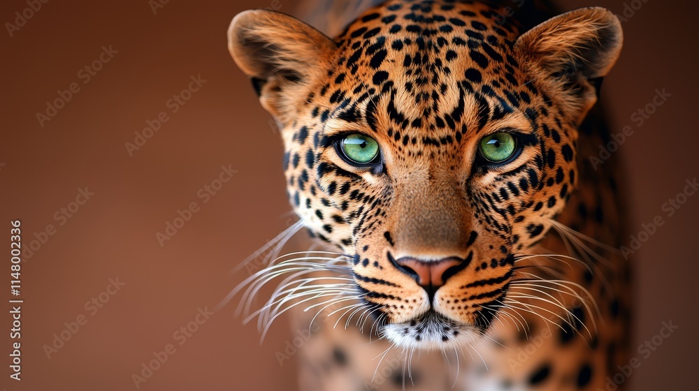  A close up of a leopard's face with green eyes