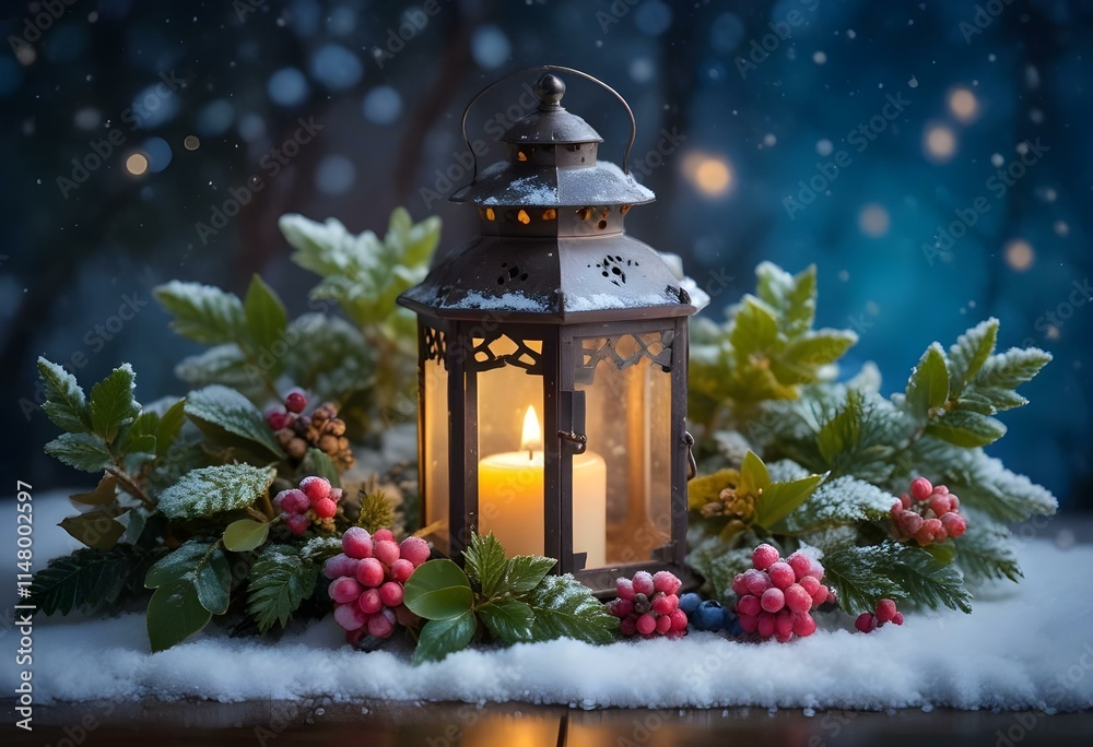 Romantic winter night, cozy lantern for cozy nights, Valentine’s Day, or a Nordic wedding ambiance Romantic winter night, cozy lantern for cozy nights, Valentine’s Day, or a Nordic wedding ambiance