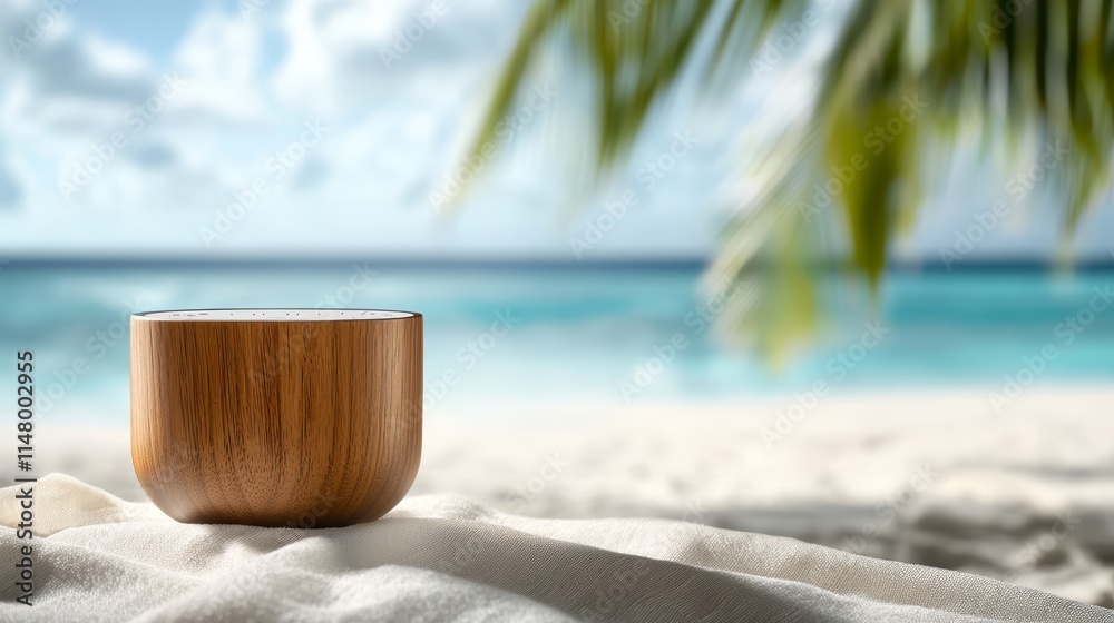 A wooden cup sitting on top of a beach next to the ocean A wooden cup sitting on top of a beach next to the ocean
