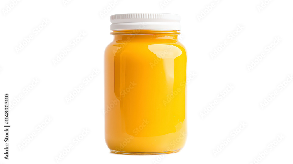 Bright Yellow Jar of Smooth Glossy Liquid on White Background Bright Yellow Jar of Smooth Glossy Liquid on White Background