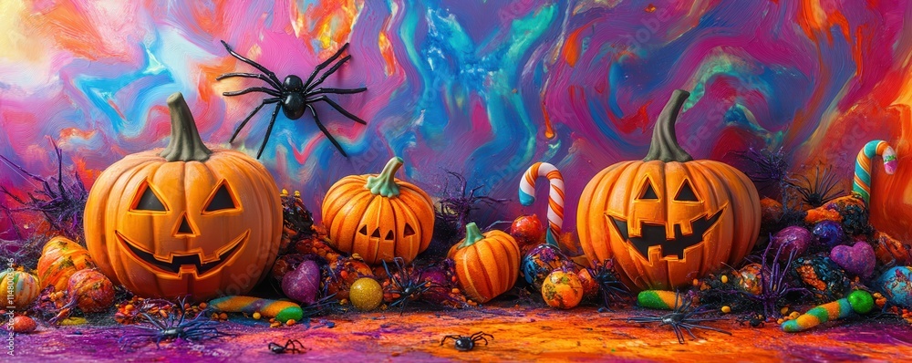Creative Halloween scene with candy and decorations including pumpkins and spiders on a vibrant background Creative Halloween scene with candy and decorations including pumpkins and spiders on a vibrant background