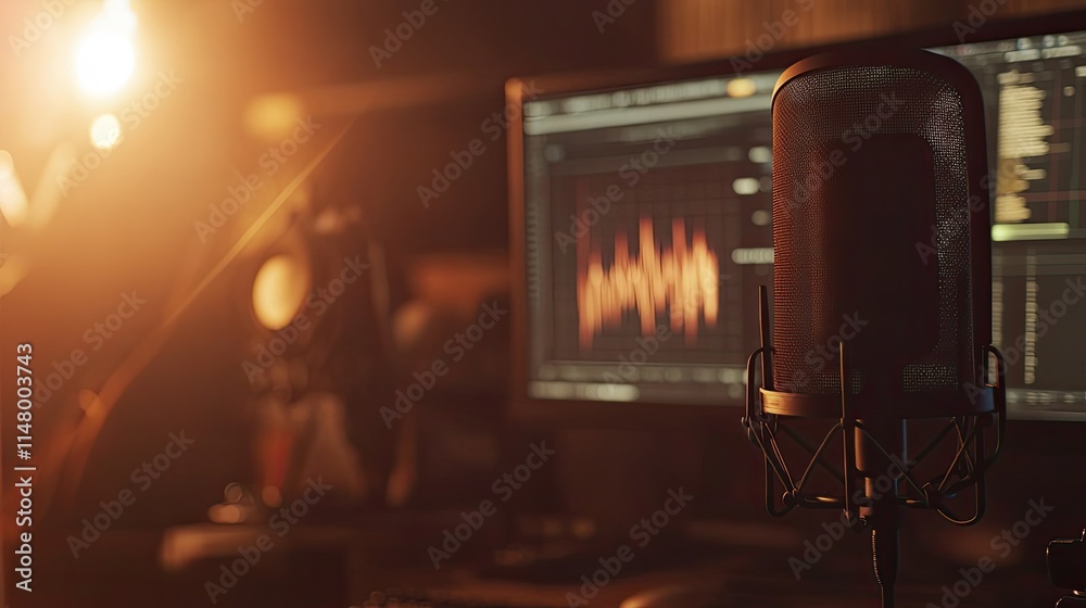 Studio Recording Session: Captivating close-up of a professional condenser microphone in a dimly lit recording studio, positioned before a computer screen displaying audio waveforms. The warm. Studio Recording Session: Captivating close-up of a professional condenser microphone in a dimly lit recording studio, positioned before a computer screen displaying audio waveforms. The warm.