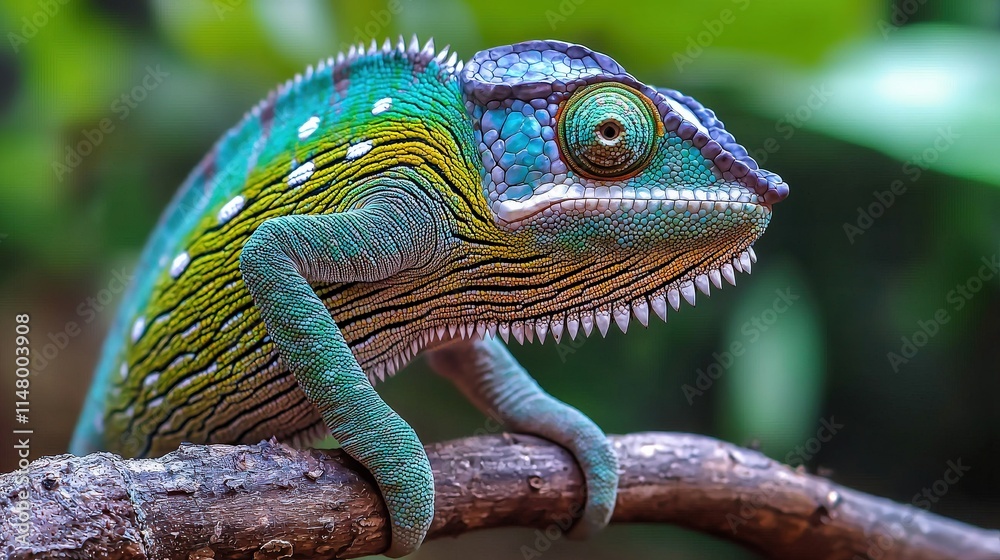A vibrant chameleon perched on a branch, showcasing its colorful scales and intricate patterns against a lush, green background. A vibrant chameleon perched on a branch, showcasing its colorful scales and intricate patterns against a lush, green background.