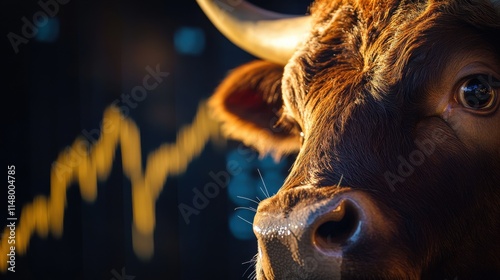 Bull Market Trends Closeup of a Brown Bull and Stock Chart photo