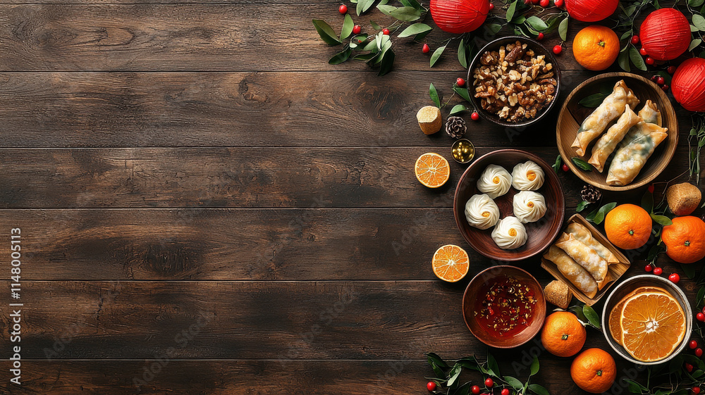 festive table filled with delicious dumplings, fruits, and snacks festive table filled with delicious dumplings, fruits, and snacks