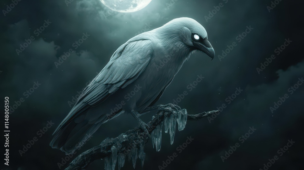 Fototapeta premium Albino raven with glowing eyes sitting on a crystal branch under moonlight, wildlife, surreal mysticism