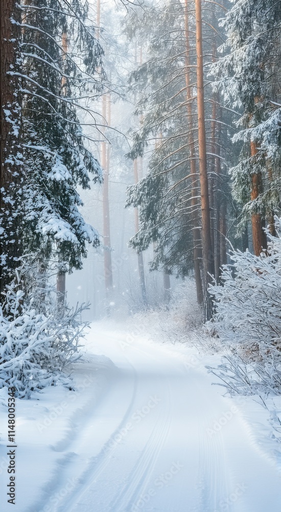 Fototapeta premium Snowy path through a forest with trees and snow