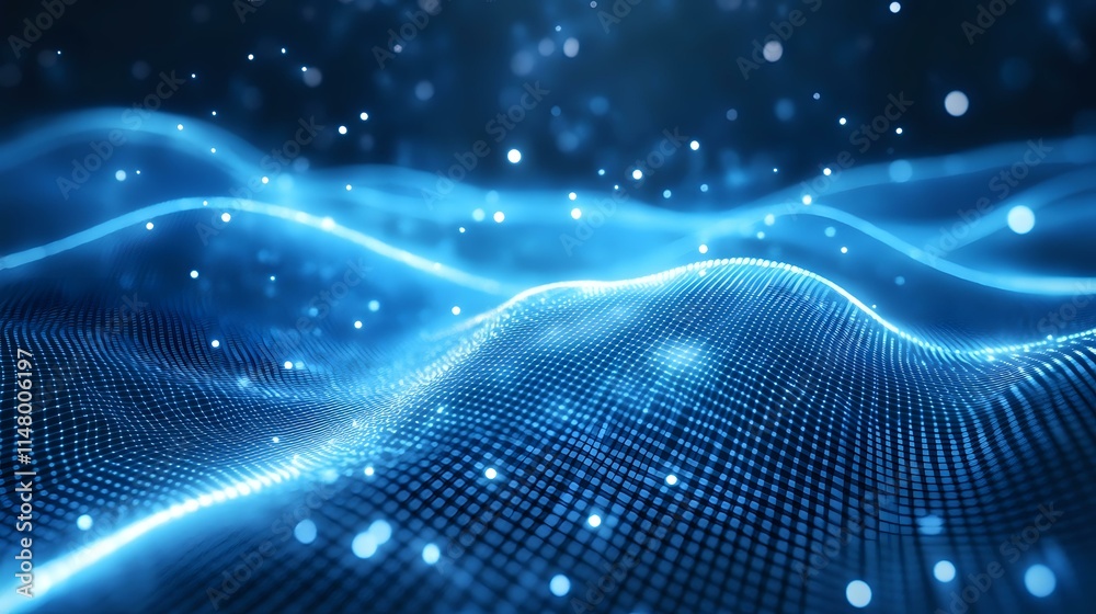 Abstract background in glowing blue and white gradients, accented by subtle grid-like patterns for a futuristic look