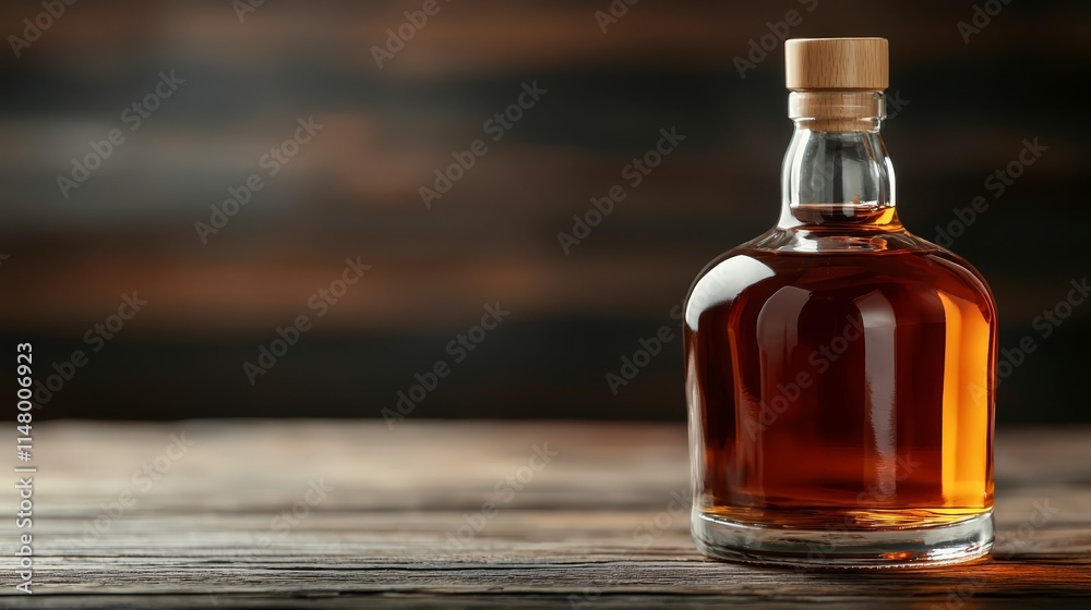 A bottle of whiskey sitting on top of a wooden table A bottle of whiskey sitting on top of a wooden table