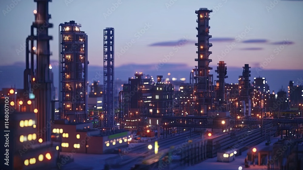 Fototapeta premium Industrial Twilight: A sprawling industrial complex glows with life under the dusky twilight sky, its towering structures casting long shadows across the landscape.