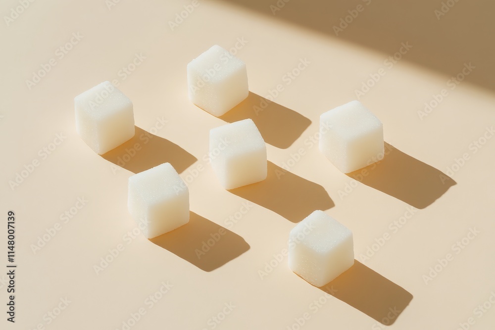 Playful Shadows Dance Around White Sugar Cubes on a Beige Background, a Minimalist Sweet Treat Still Life Playful Shadows Dance Around White Sugar Cubes on a Beige Background, a Minimalist Sweet Treat Still Life