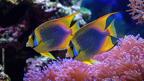 Two vibrant angelfish swim gracefully among colorful coral in a lively underwater scene, showcasing the beauty of marine life. photo