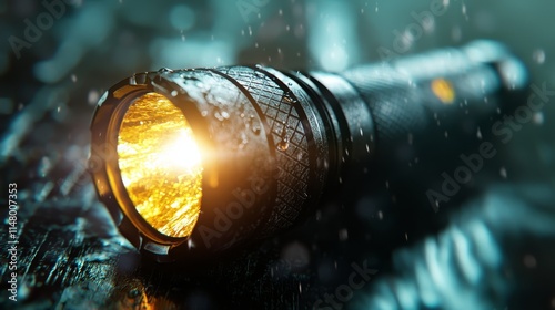 A flashlight is lit up in the rain