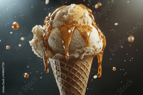 Delicious ice cream cone topped with caramel drizzle against a dark background