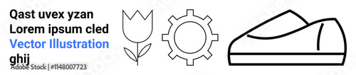 Tulip flower, gear, and shoe line art symbols alongside sample text. Ideal for modern branding, minimalistic design, web graphics, tech interfaces, education, hobbies, and footwear. Landing page