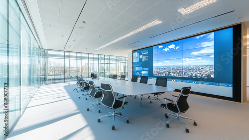 Modern conference room with large screen and glass walls
