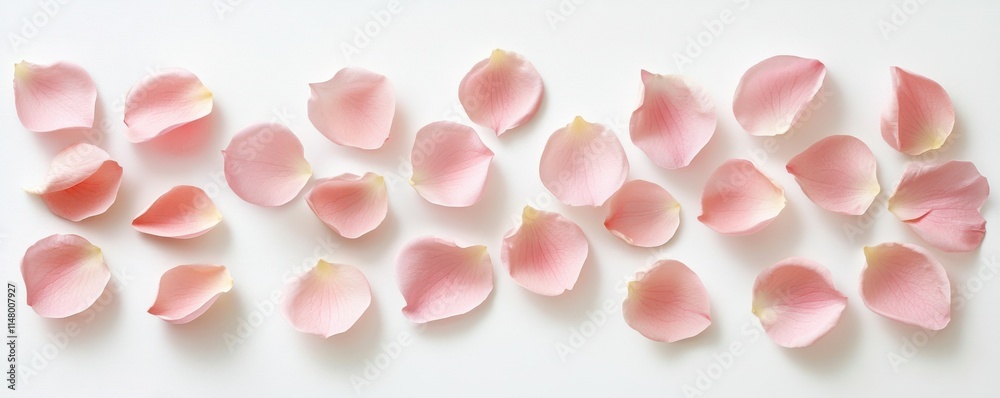 Minimal styled concept. Pale pink flower petals and bud on white background. Creative lifestyle, summer, spring concept. Copy space, flat lay, top view Minimal styled concept. Pale pink flower petals and bud on white background. Creative lifestyle, summer, spring concept. Copy space, flat lay, top view