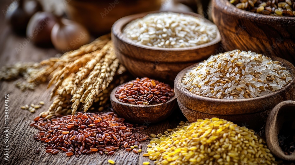 Fototapeta premium Aromatic Grains and Rustic Charm: A rustic wooden table is adorned with an assortment of grains, showcasing the beauty and diversity of nature's bounty. The image evokes a sense of warmth.