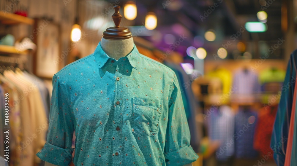 Image of a clothing store with a standout green floral shirt on a mannequin. Diverse display of colorful shirts and ties for spring and summer fashion in a trendy retail setting. Image of a clothing store with a standout green floral shirt on a mannequin. Diverse display of colorful shirts and ties for spring and summer fashion in a trendy retail setting.