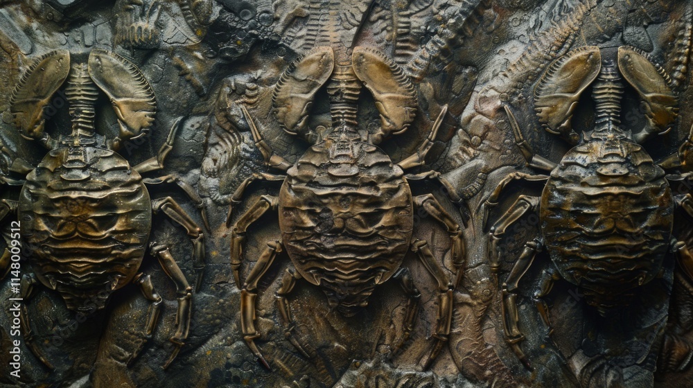 Three well-preserved trilobite fossils displayed in a row on a stone surface against a black background. Intricate exoskeleton details are visible.
