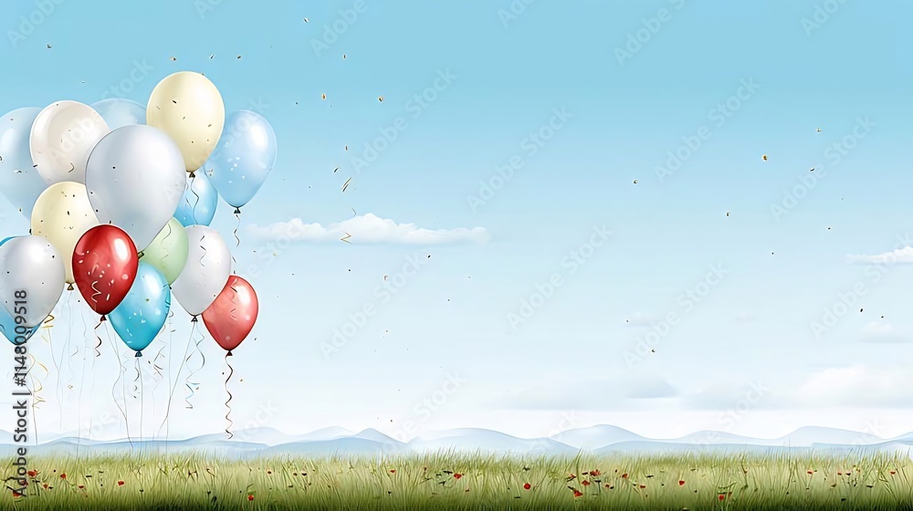 Colorful balloons floating over a field with mountains in the background. Colorful balloons floating over a field with mountains in the background.