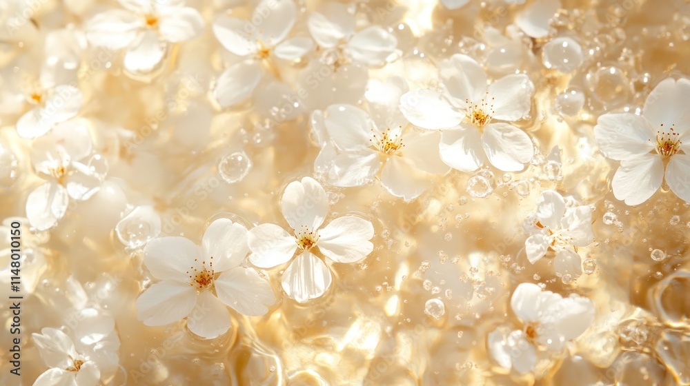 White flowers floating on golden water with bubbles, sunlit. White flowers floating on golden water with bubbles, sunlit.