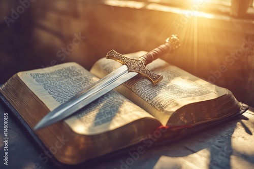 holy bible and sword in sunlight