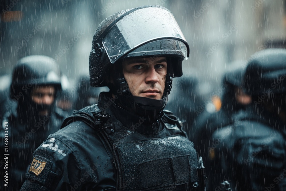 police brigade in the rain